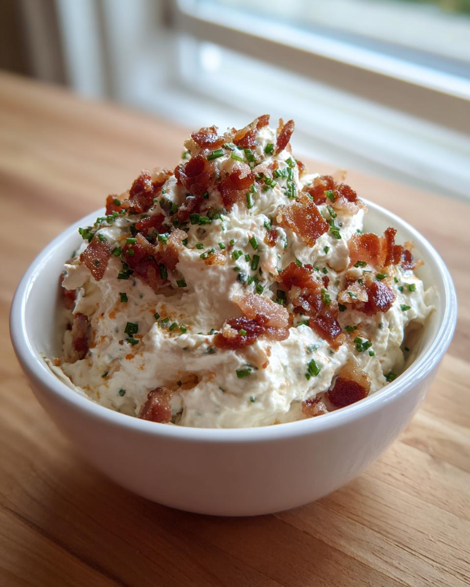 A white bowl filled with creamy smoked cream cheese dip, topped generously with crumbled bacon and fresh chives.