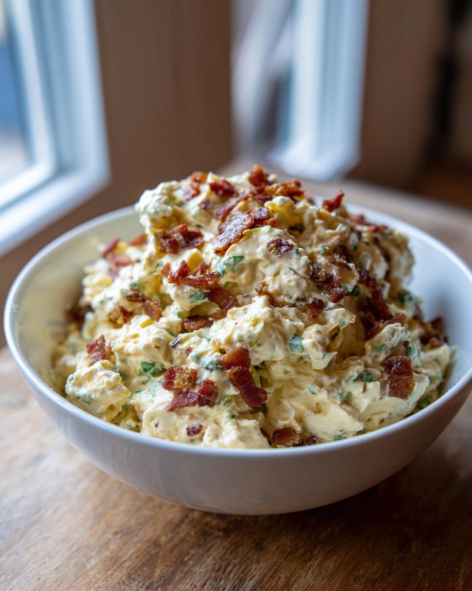 A white bowl filled with creamy smoked cream cheese dip, generously topped with crumbled bacon pieces.