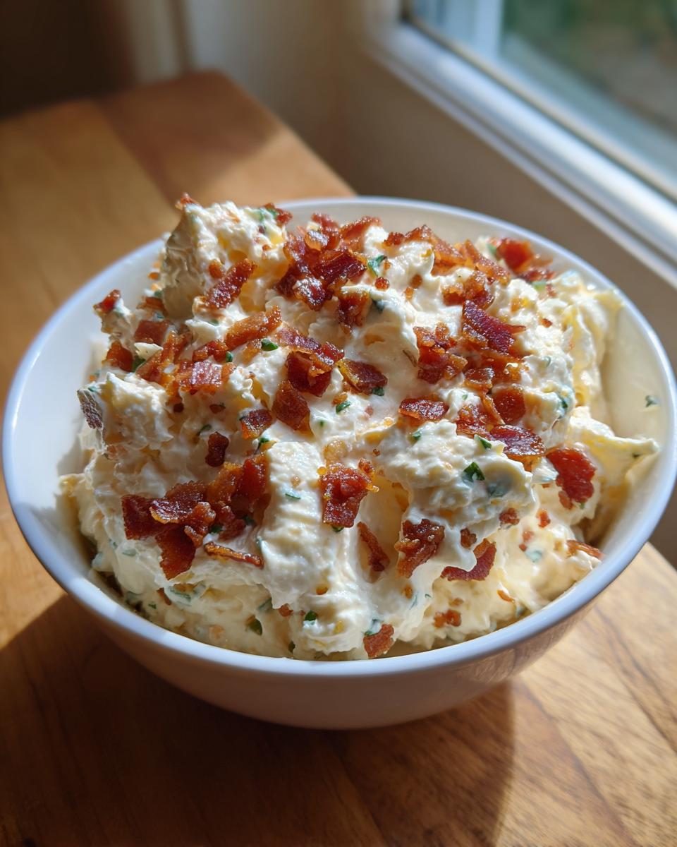 A white bowl filled with creamy smoked cream cheese dip, generously topped with crispy bacon bits and chives.