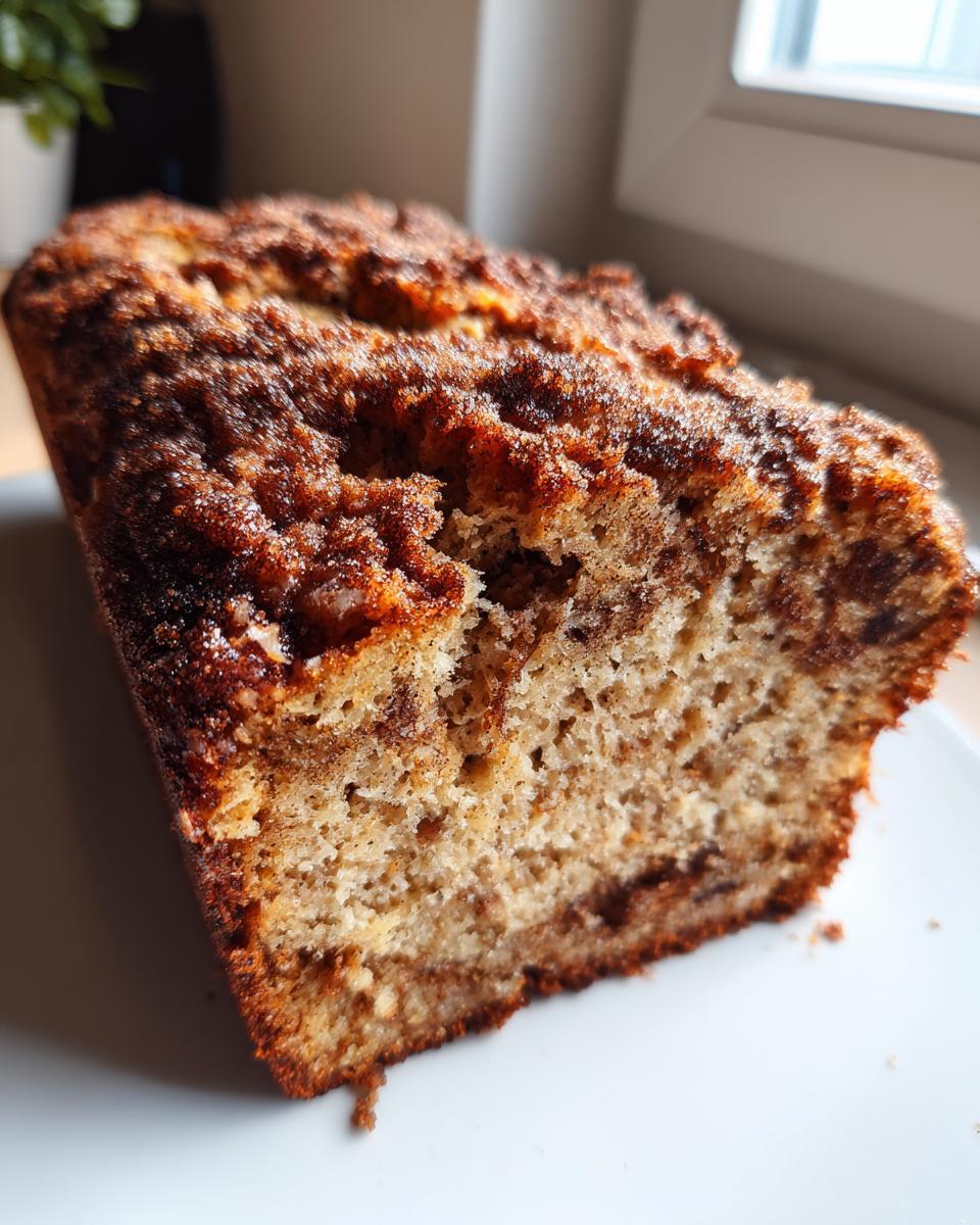 A close-up view of a moist slice of snickerdoodle banana bread showing the crumb and cinnamon streusel topping.