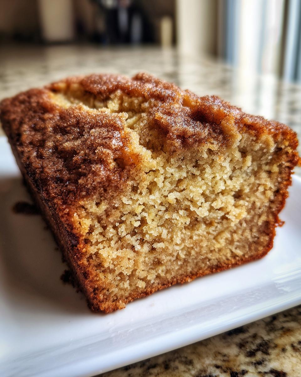 Close-up of a moist slice of snickerdoodle banana bread showing the crumb and cinnamon sugar topping.