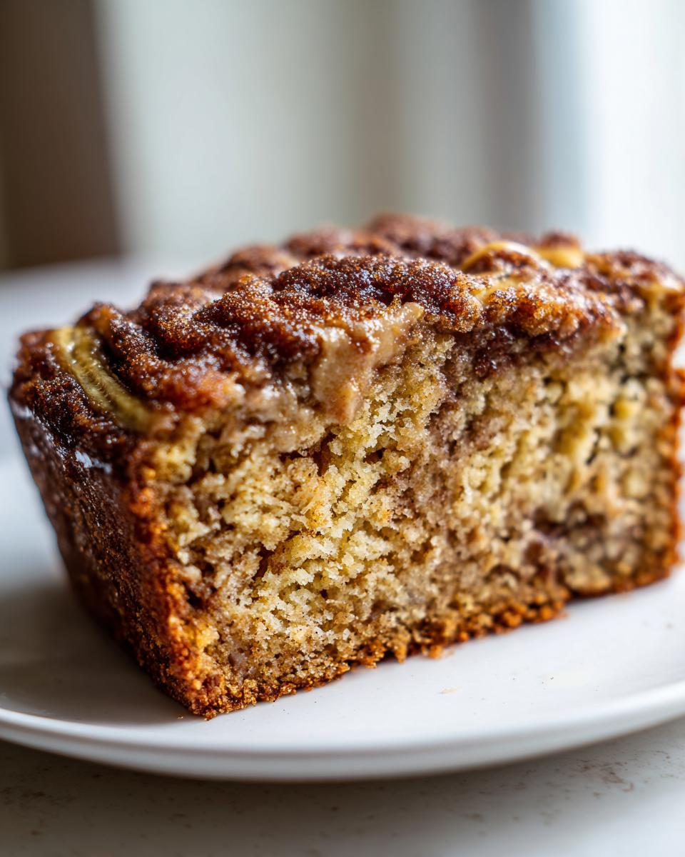 Close-up of a moist slice of snickerdoodle banana bread featuring a thick, sugary cinnamon crumble topping.