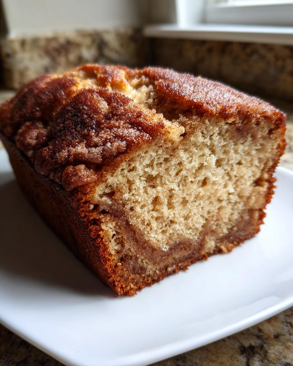 Close-up of a moist slice of snickerdoodle banana bread featuring a visible cinnamon swirl.