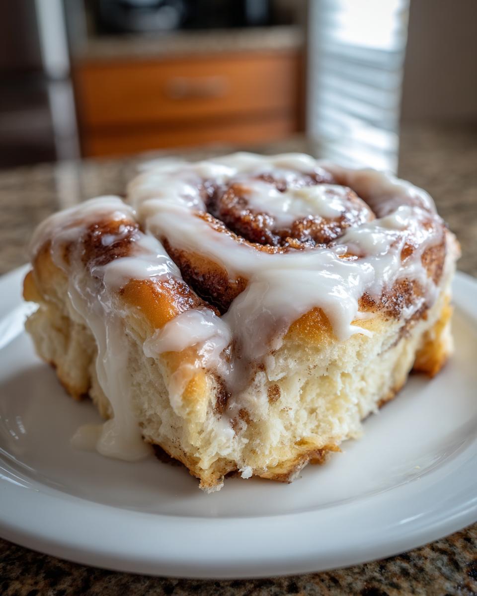 Close-up of a single, fluffy gluten-free cinnamon roll generously topped with white icing.