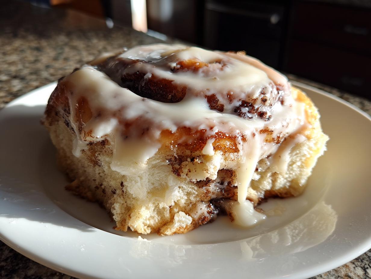 A close-up of a single, soft gluten-free cinnamon roll generously topped with dripping white icing.