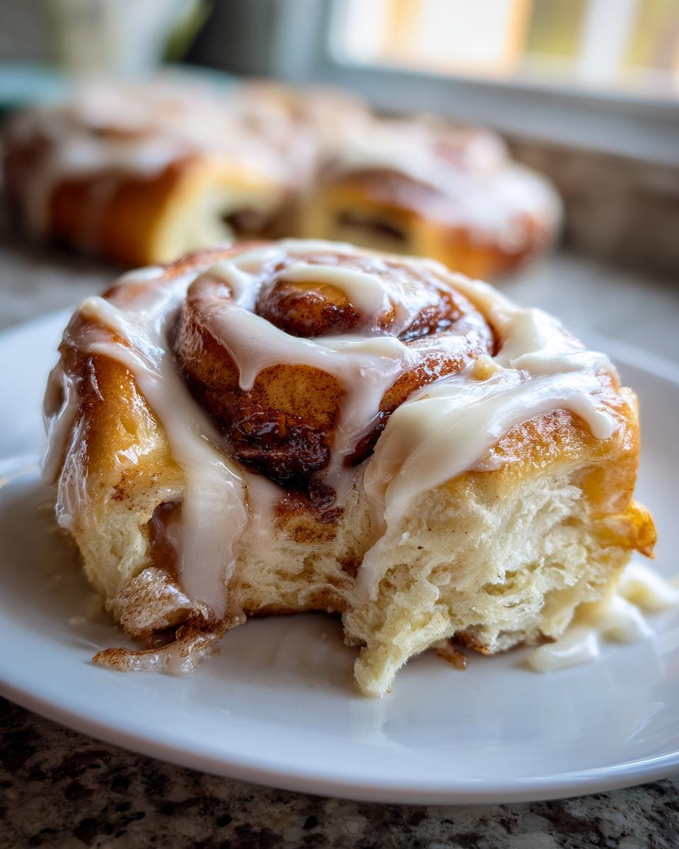 Close-up of a soft, freshly baked gluten-free cinnamon roll dripping with white icing on a white plate.