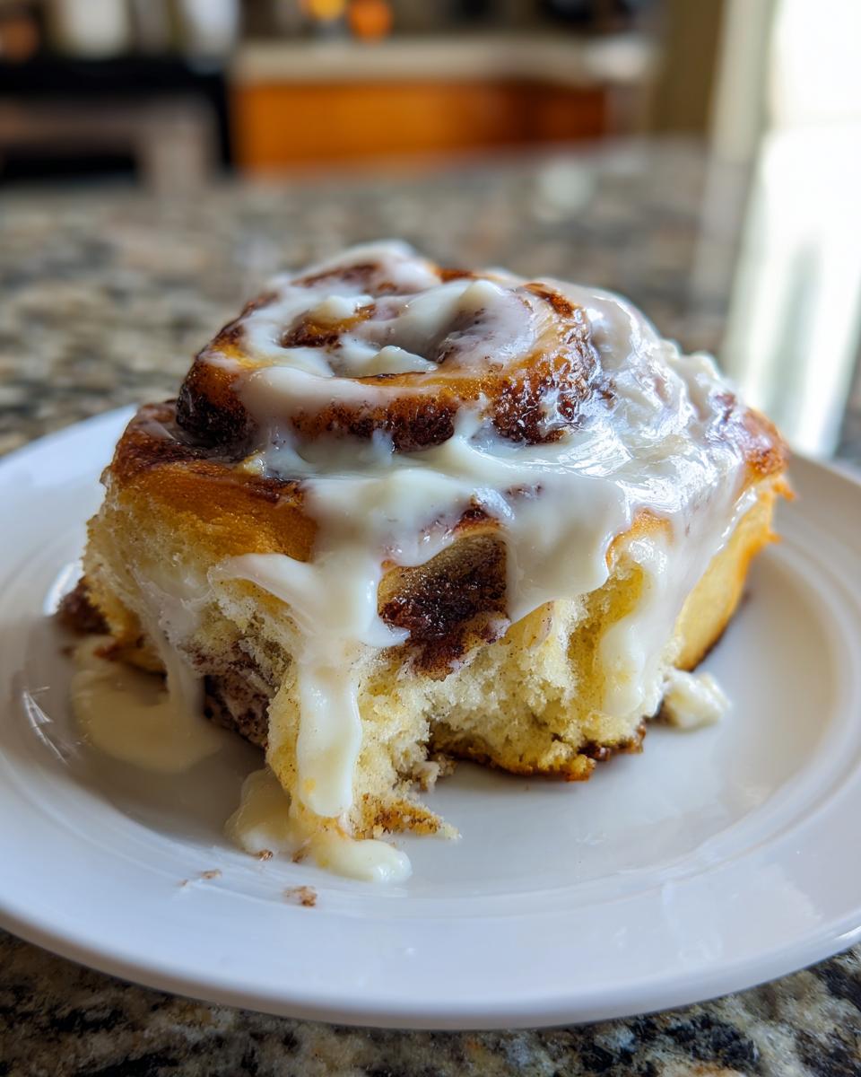 A close-up of one soft gluten-free cinnamon roll generously topped with white cream cheese icing, sitting on a white plate.