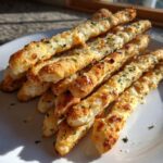 A pile of golden, cheesy sourdough discard breadsticks topped with herbs, resting on a white plate.