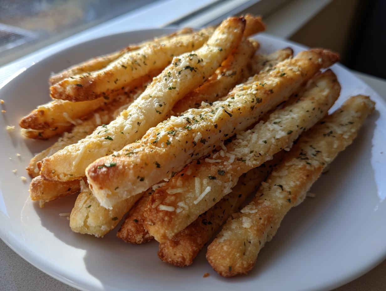 A pile of golden brown sourdough discard breadsticks sprinkled with Parmesan cheese and dried parsley on a white plate.