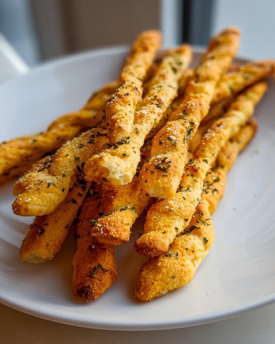A pile of golden, twisted sourdough discard breadsticks seasoned with herbs and Parmesan cheese on a white plate.