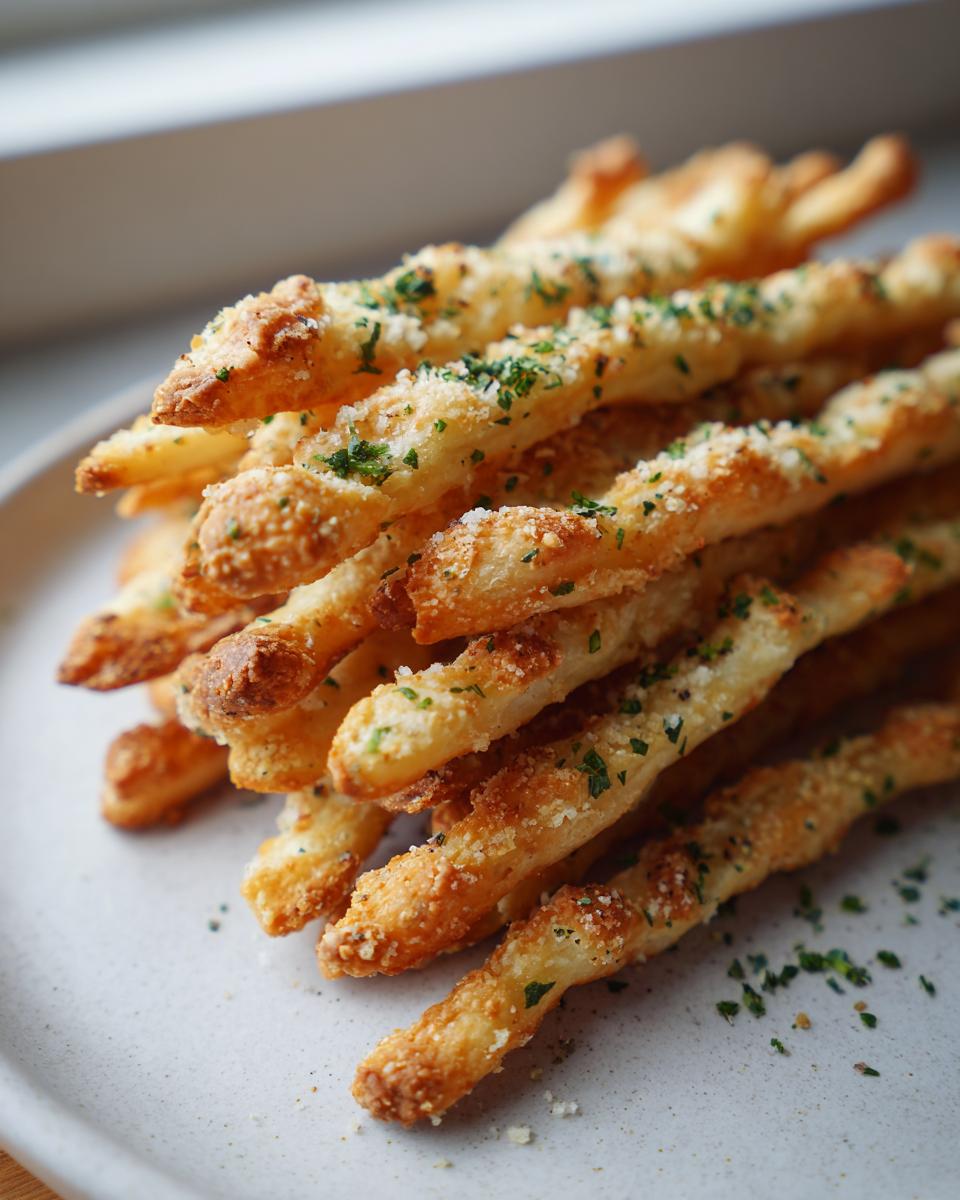 A close-up stack of golden, crispy sourdough discard breadsticks topped with Parmesan cheese and parsley.