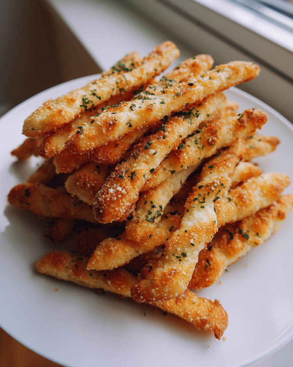 A tall stack of golden brown sourdough discard breadsticks, coated in cheese and herbs, served on a white plate.