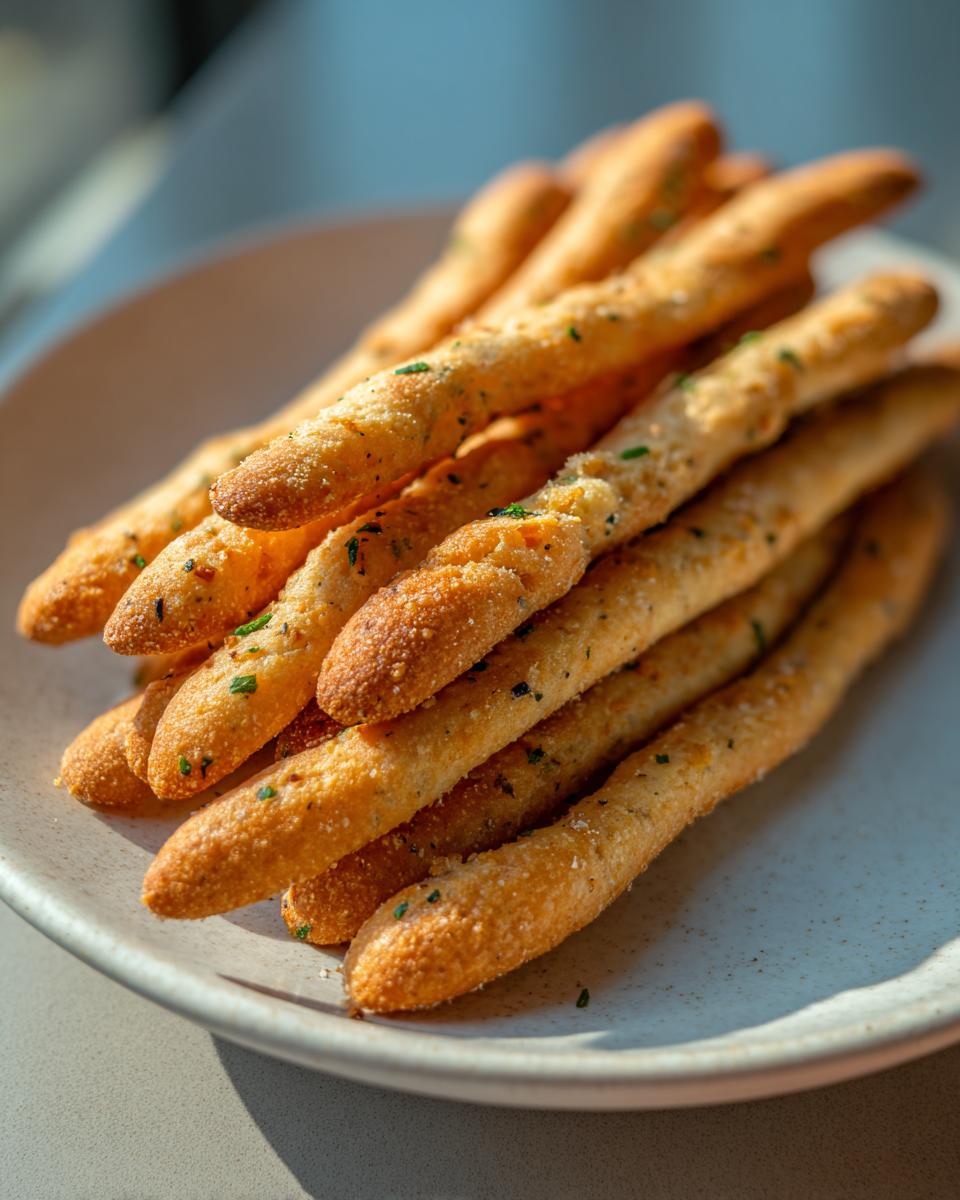 A close-up of several golden, crispy sourdough discard breadsticks seasoned with herbs, piled on a light-colored plate.