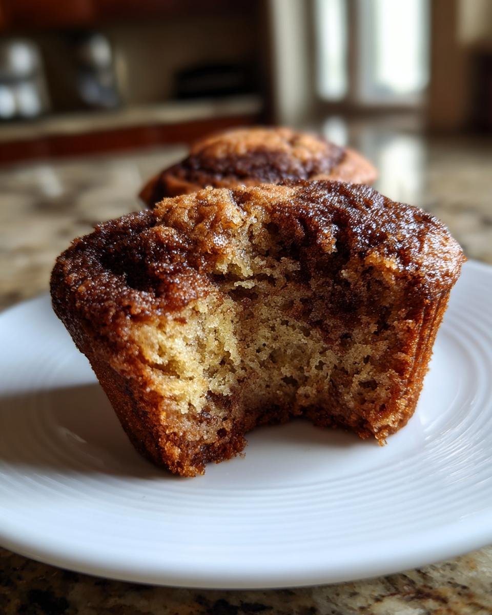 Close-up of a sourdough discard cinnamon muffin with a bite taken out, showing the moist crumb and cinnamon swirl.