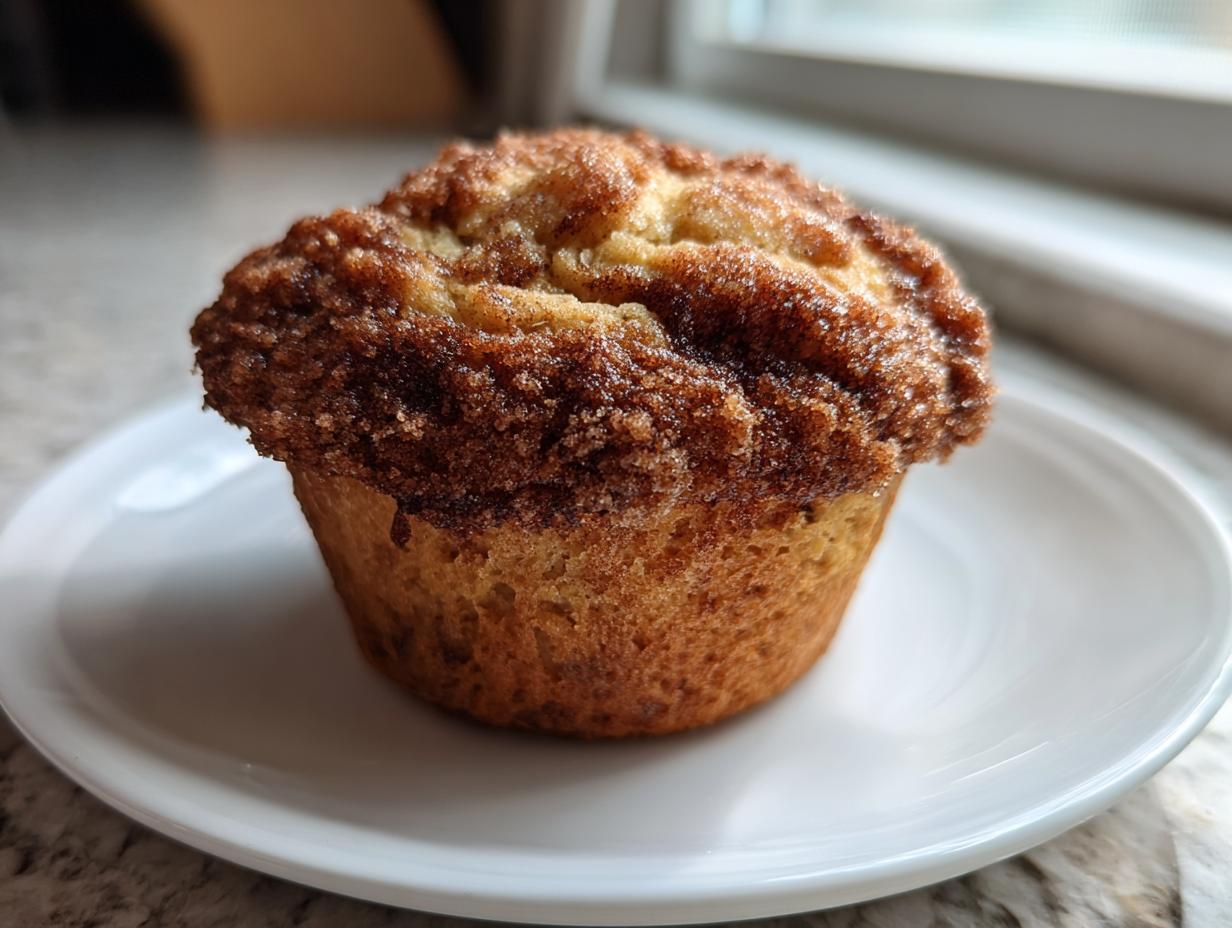 A close-up of a freshly baked sourdough discard cinnamon muffin with a thick, sugary cinnamon streusel topping, sitting on a small white plate.