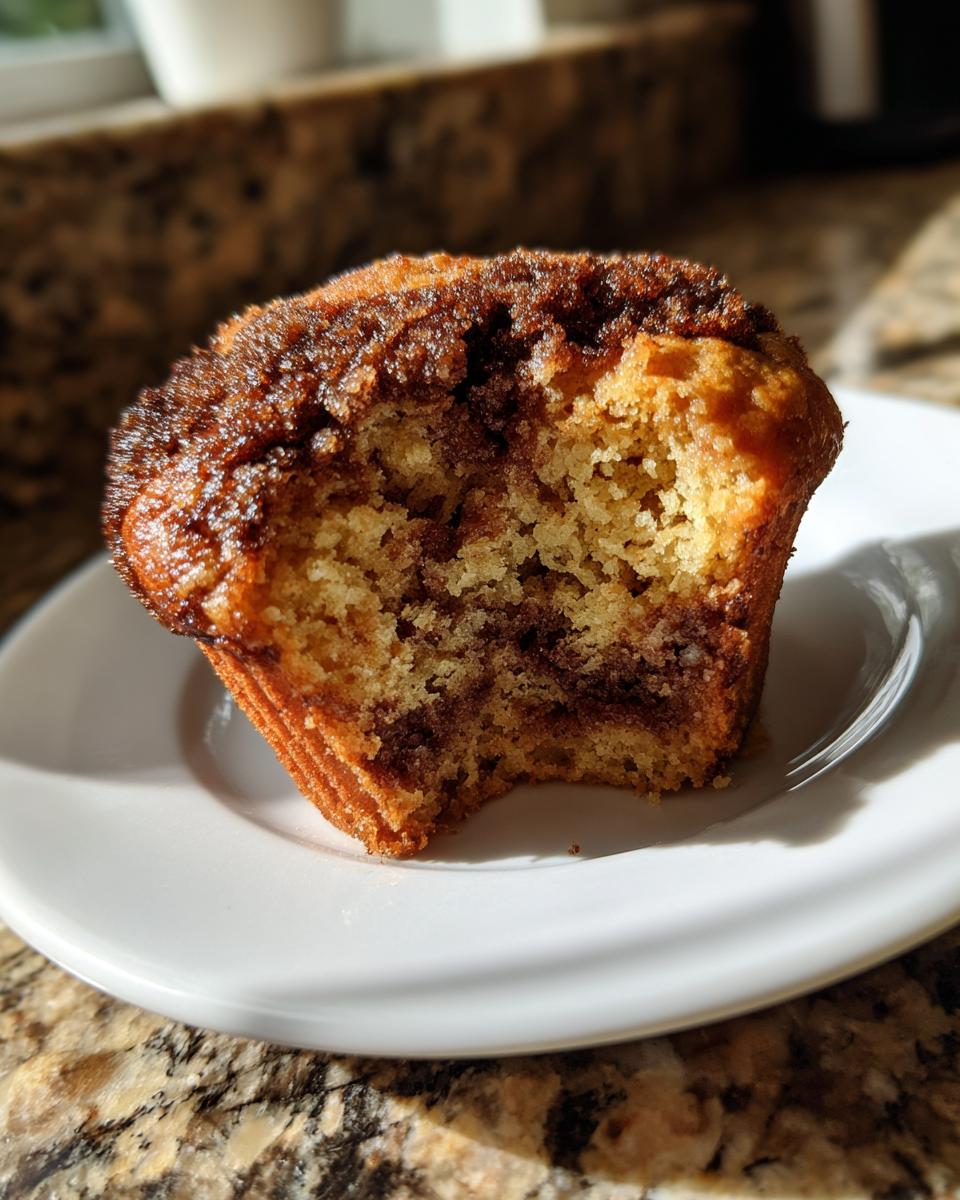 A sourdough discard cinnamon muffin with a bite taken out, showing the moist crumb and cinnamon swirl filling.