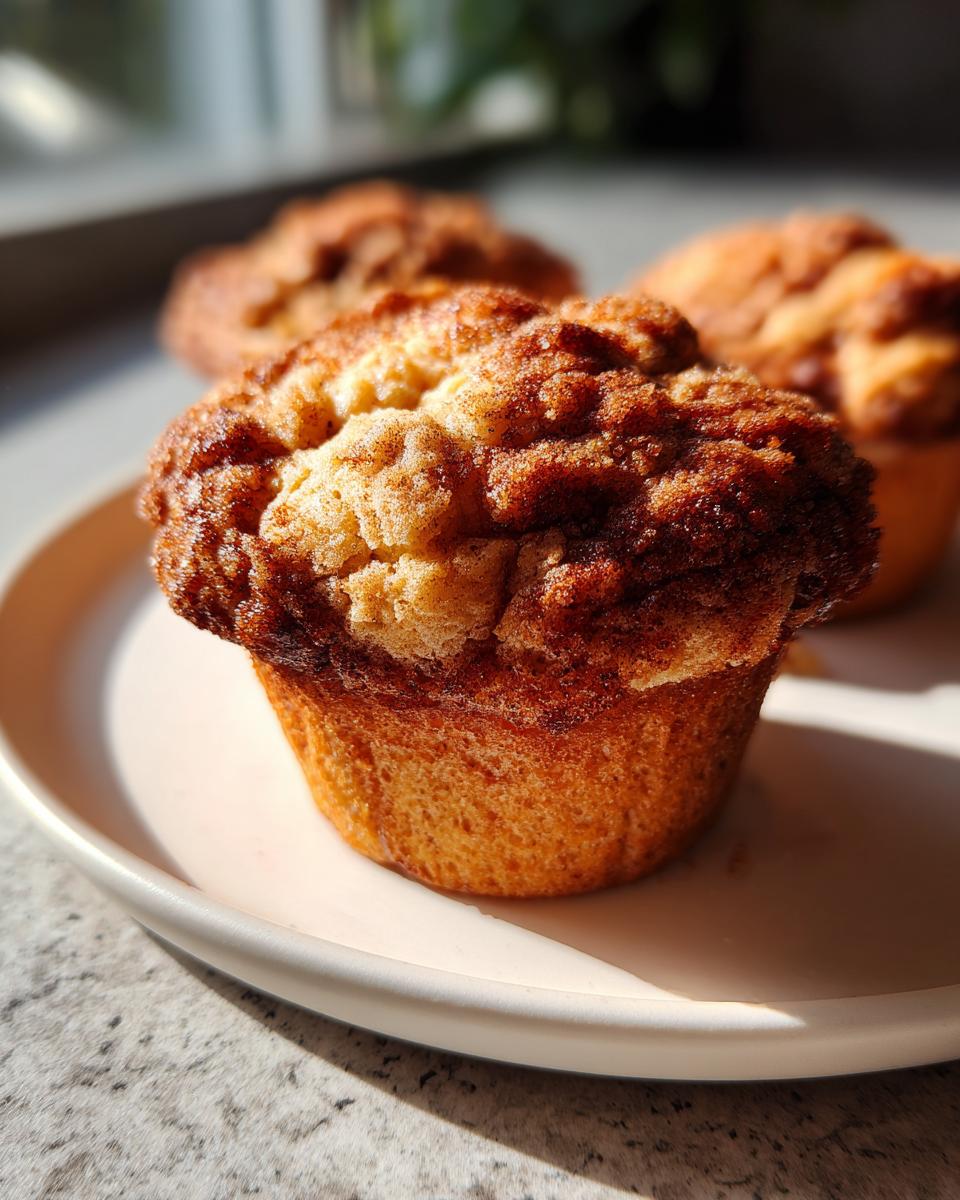 A close-up of a freshly baked sourdough discard cinnamon muffin topped with a rich, dark cinnamon streusel topping.