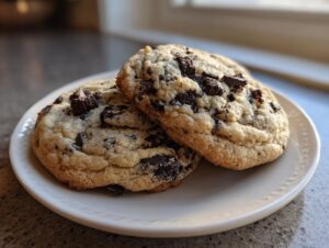 Two thick, chewy sourdough discard cookies and cream cookies piled on a small white plate, featuring visible chocolate chunks.