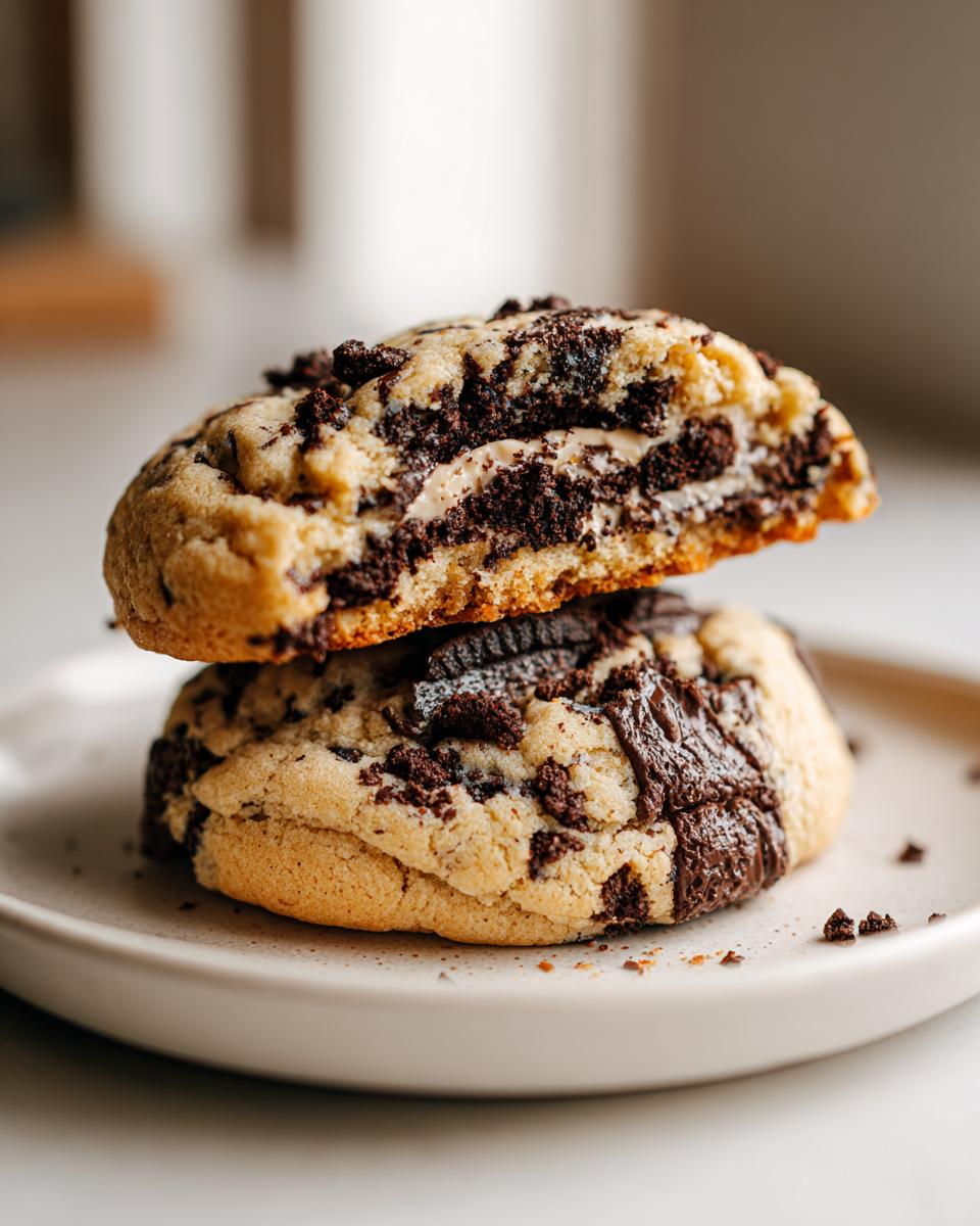 Two stacked sourdough discard cookies and cream cookies, the top one broken open to show the creamy filling and chocolate chunks.