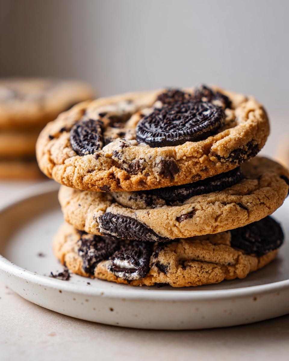 A close-up stack of three chewy sourdough discard cookies and cream cookies loaded with chocolate chunks and Oreo pieces.