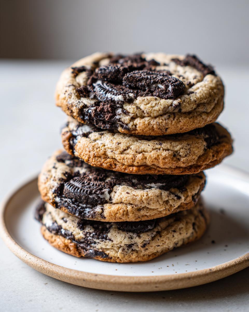 A stack of three thick sourdough discard cookies and cream cookies topped with crushed chocolate sandwich cookies.