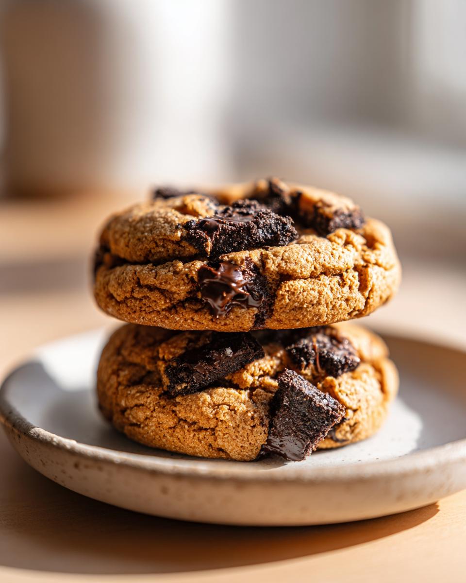 Two thick sourdough discard cookies and cream cookies stacked on a small plate, showing melted chocolate chunks.