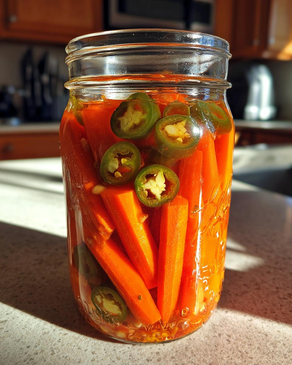 A glass jar filled with bright orange pickled carrots sticks and sliced green jalapeƱos in brine.