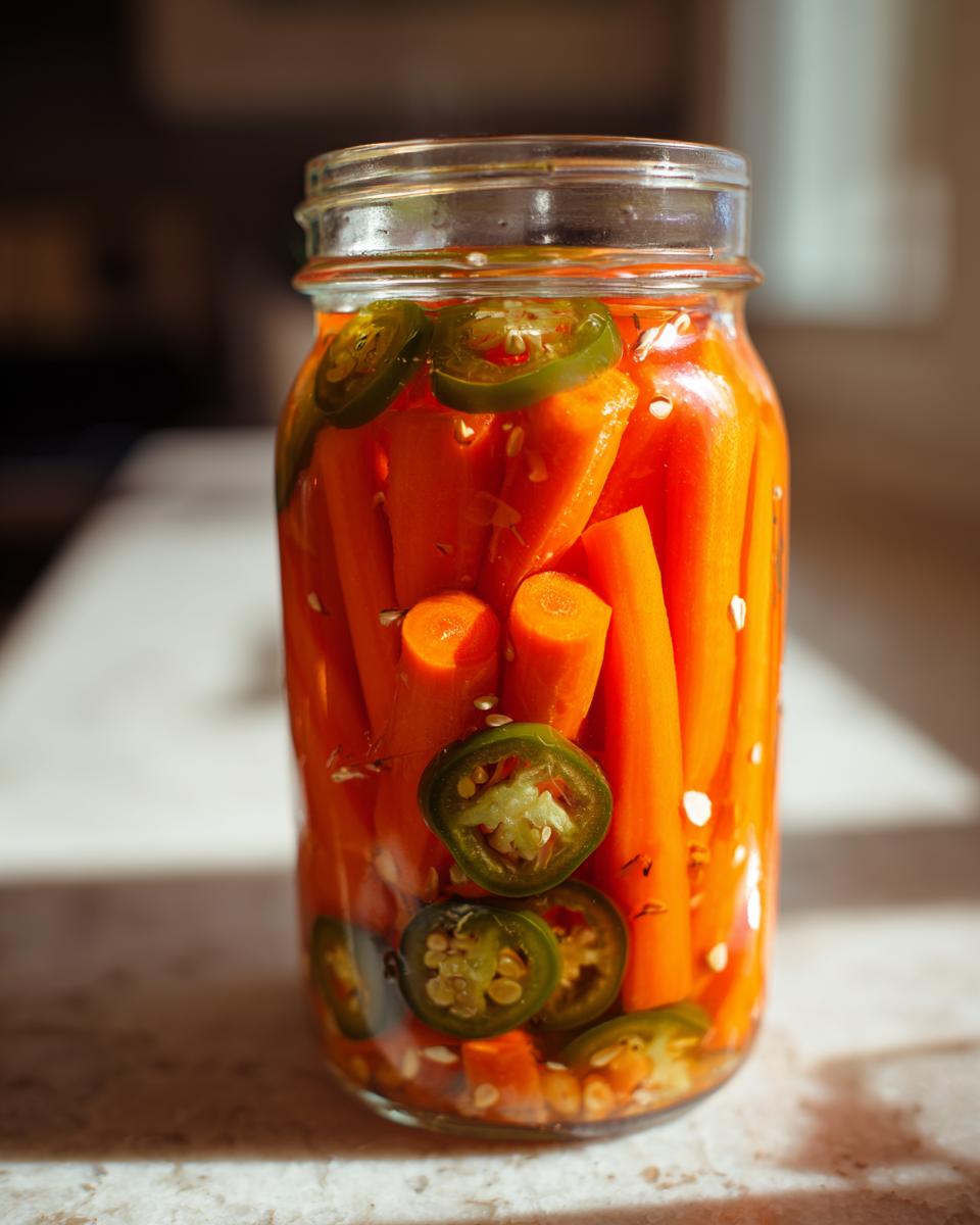 A glass jar filled with bright orange pickled carrots and slices of green jalapeƱo peppers.