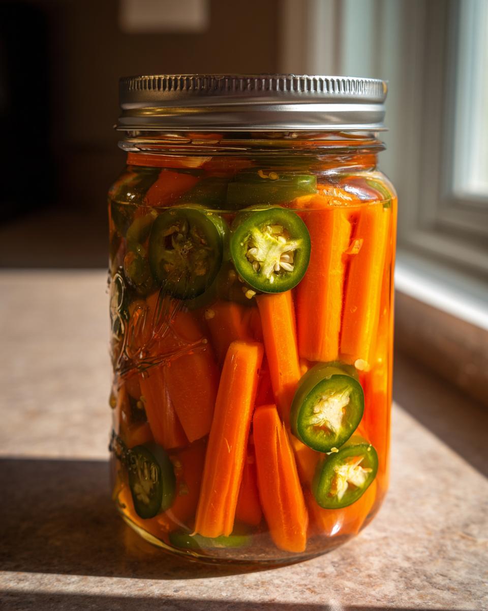 A glass jar filled with bright orange pickled carrots sticks and slices of green jalapeƱo peppers.