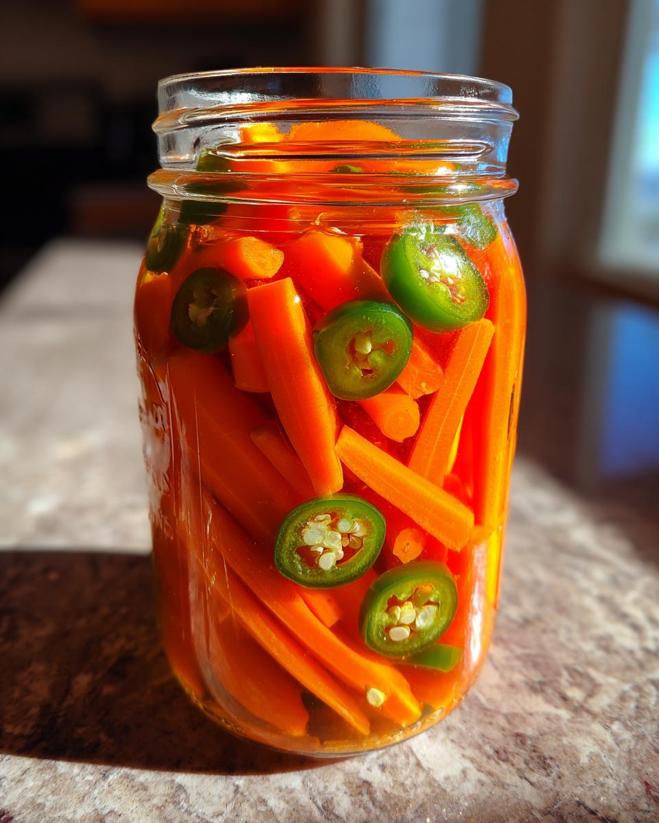 A glass jar filled with bright orange pickled carrots sticks and slices of green jalapeƱo peppers.