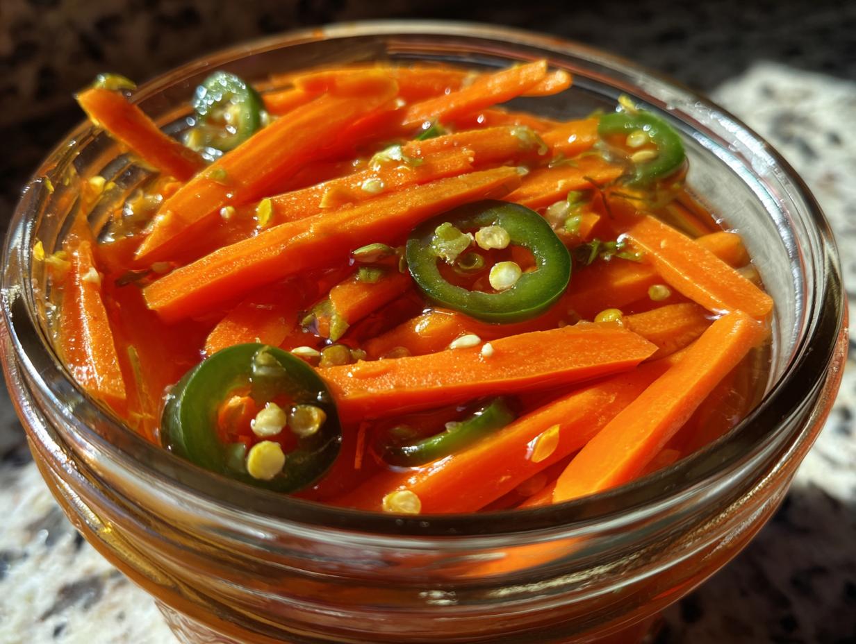 Close-up of bright orange pickled carrots sticks submerged in brine with slices of green jalapeño peppers.