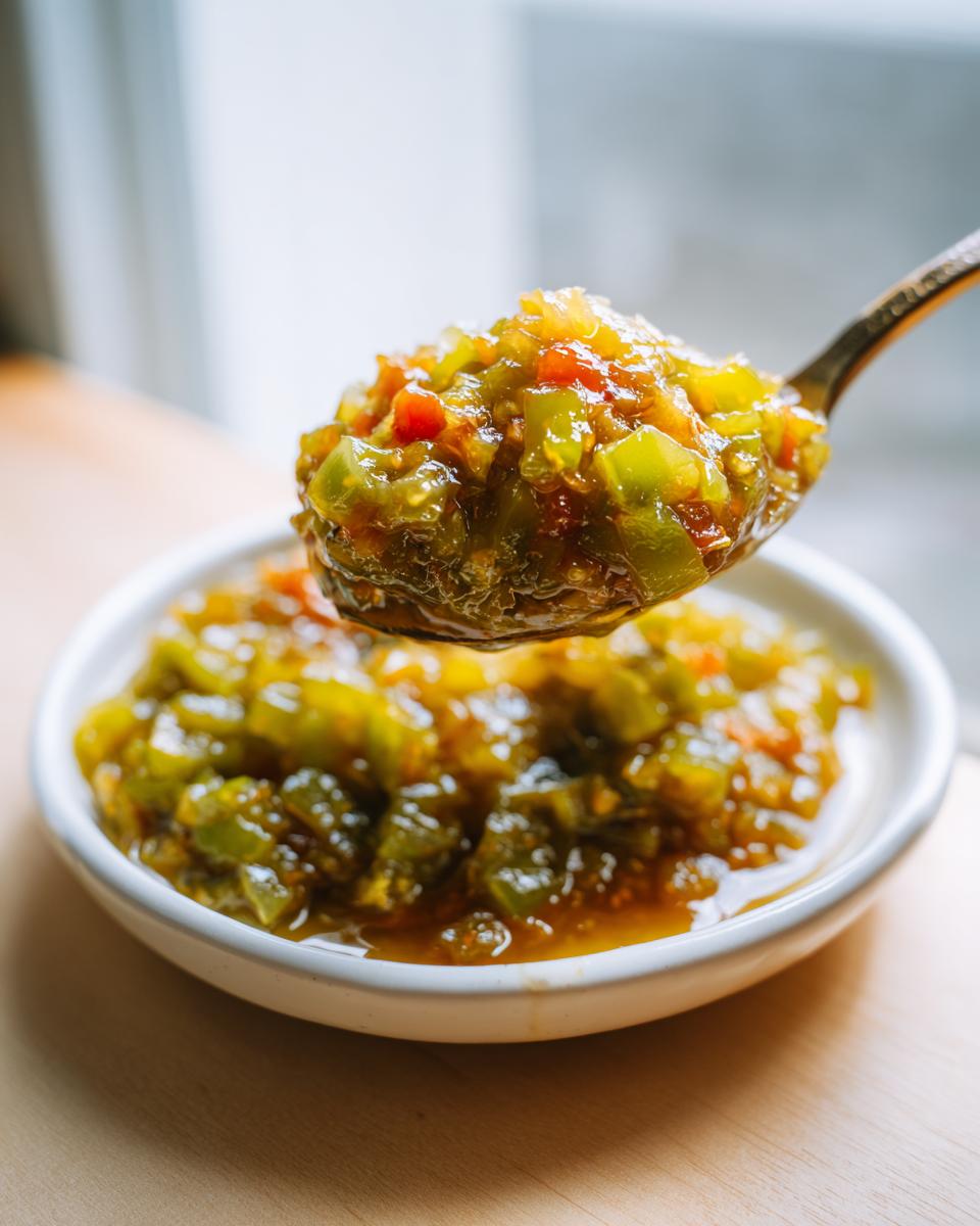 A spoonful of chunky, glistening green tomato relish being lifted from a small white bowl.
