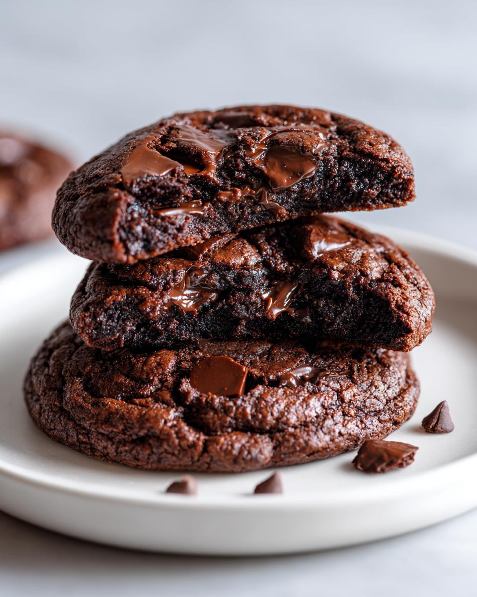 A stack of three rich, dark double chocolate chip cookies, with the top one broken open revealing a gooey center.