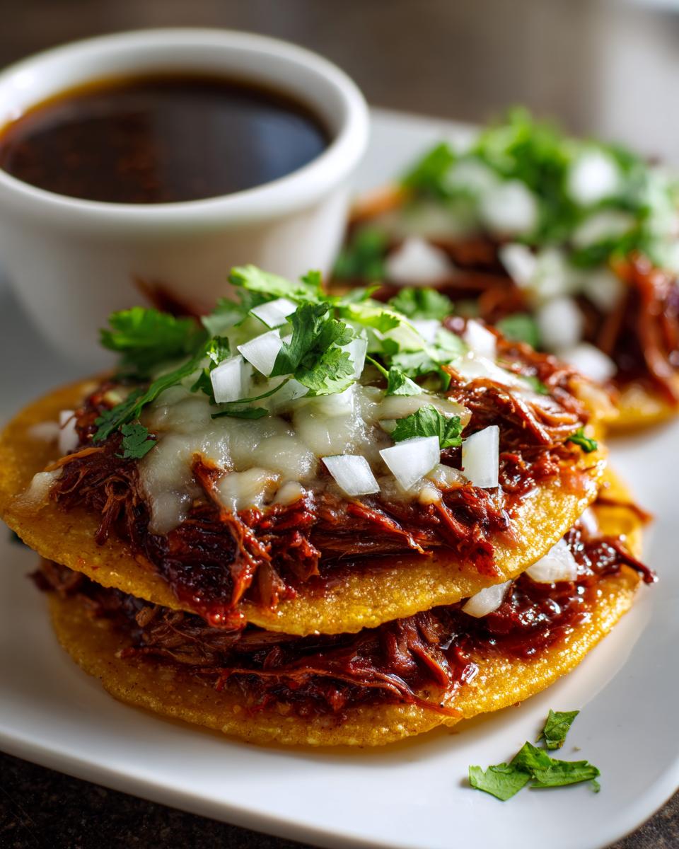Close-up of stacked, cheesy Beef Birria Tacos topped with diced white onion and cilantro, served with a side of dark consommé.
