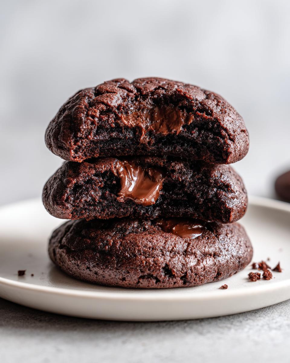 Three stacked, fudgy double chocolate chip cookies with gooey melted chocolate centers visible.