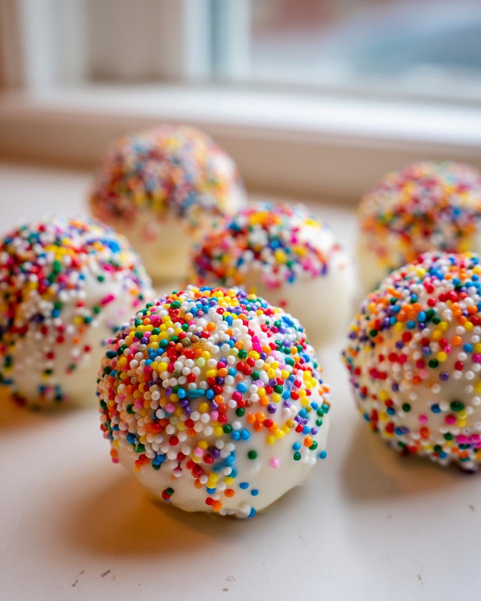 Close-up of several homemade starbucks cake pop treats covered in white chocolate and rainbow nonpareils sprinkles.