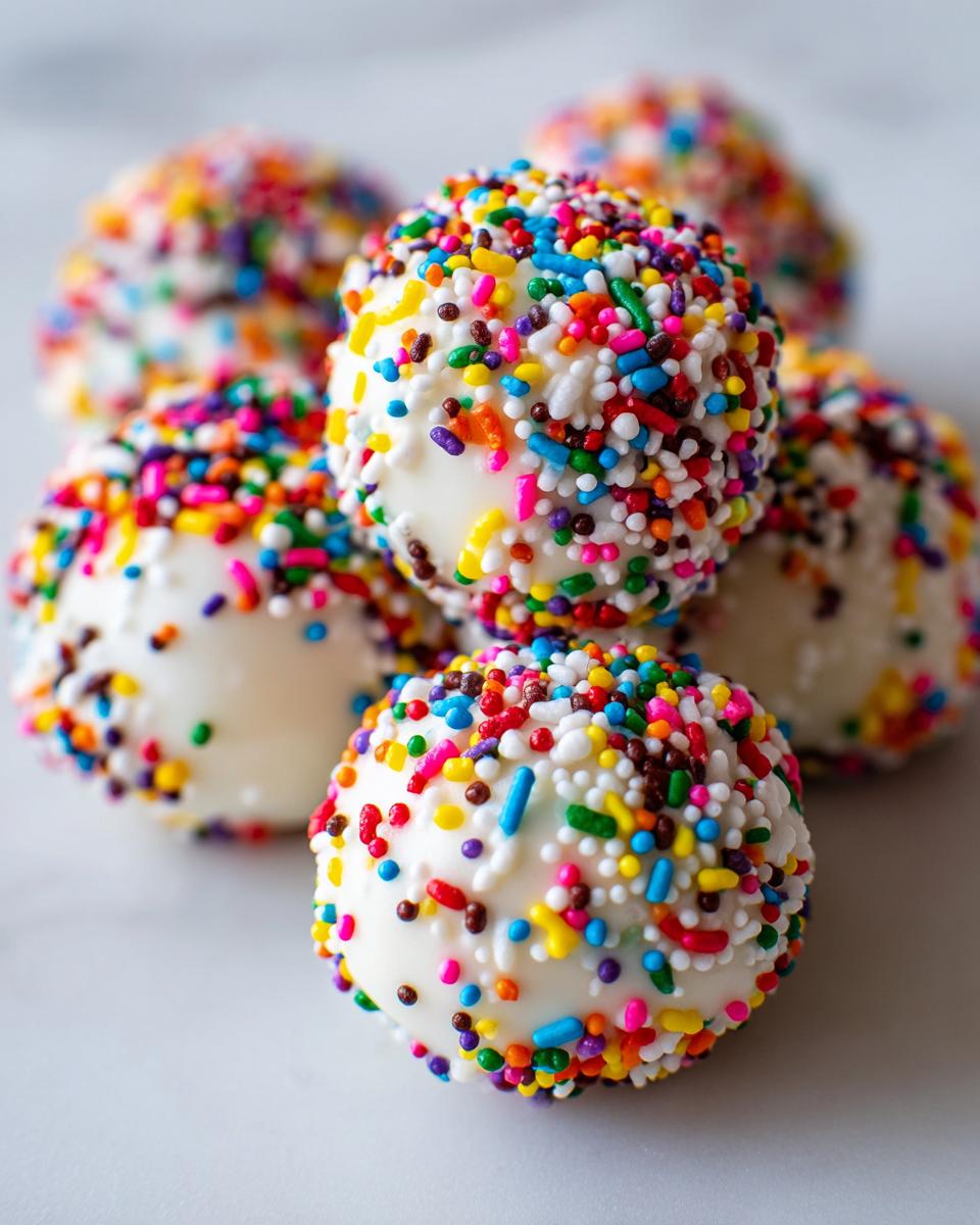 A close-up stack of homemade Starbucks cake pop treats coated in white chocolate and covered in colorful rainbow sprinkles.
