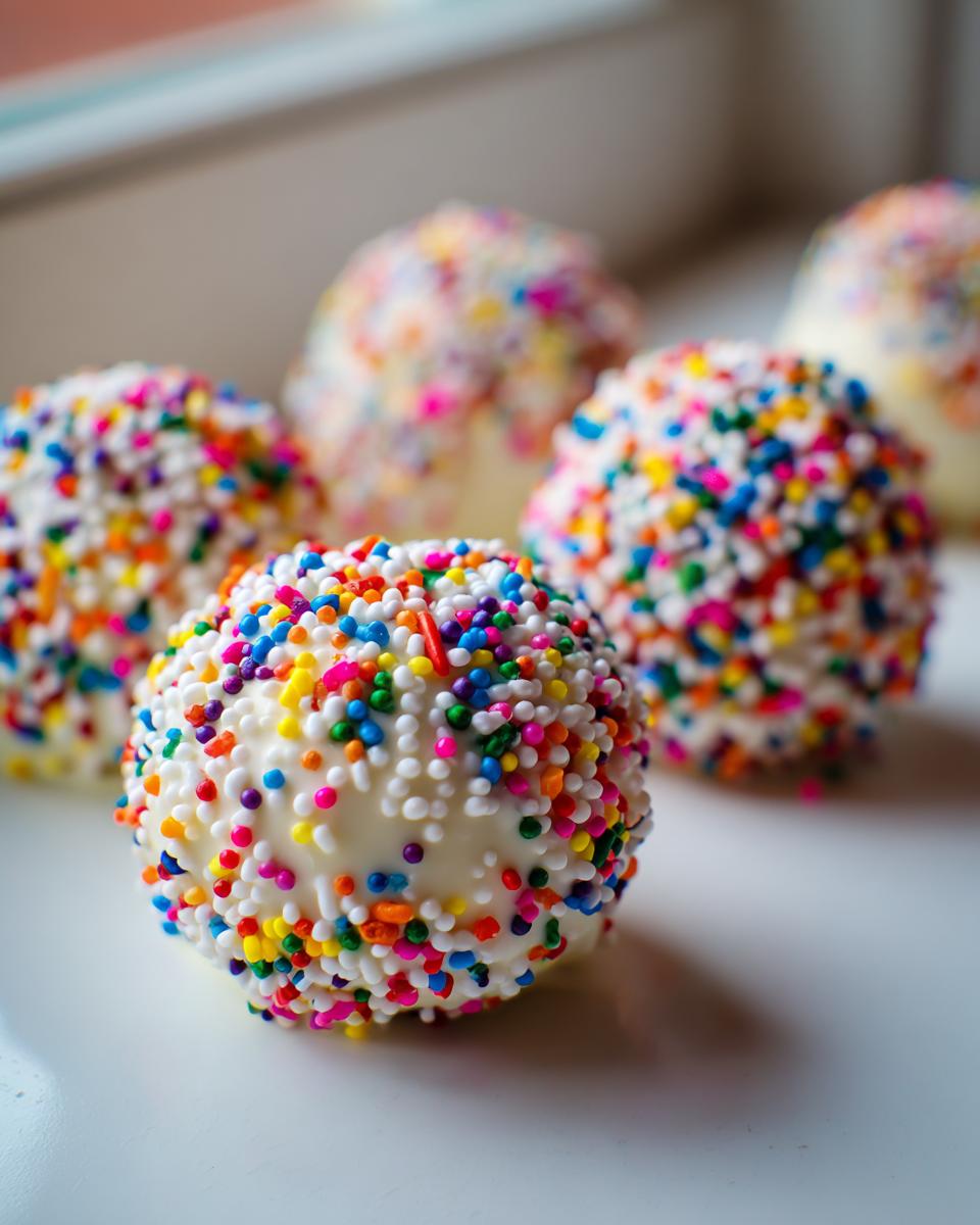 A close-up of a homemade starbucks cake pop coated in white chocolate and covered in colorful rainbow sprinkles.