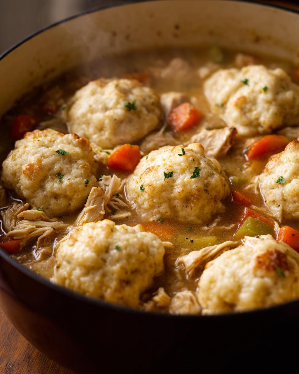 Close-up of fluffy drop dumplings simmering in rich broth with shredded chicken and carrots for chicken and drop dumplings.