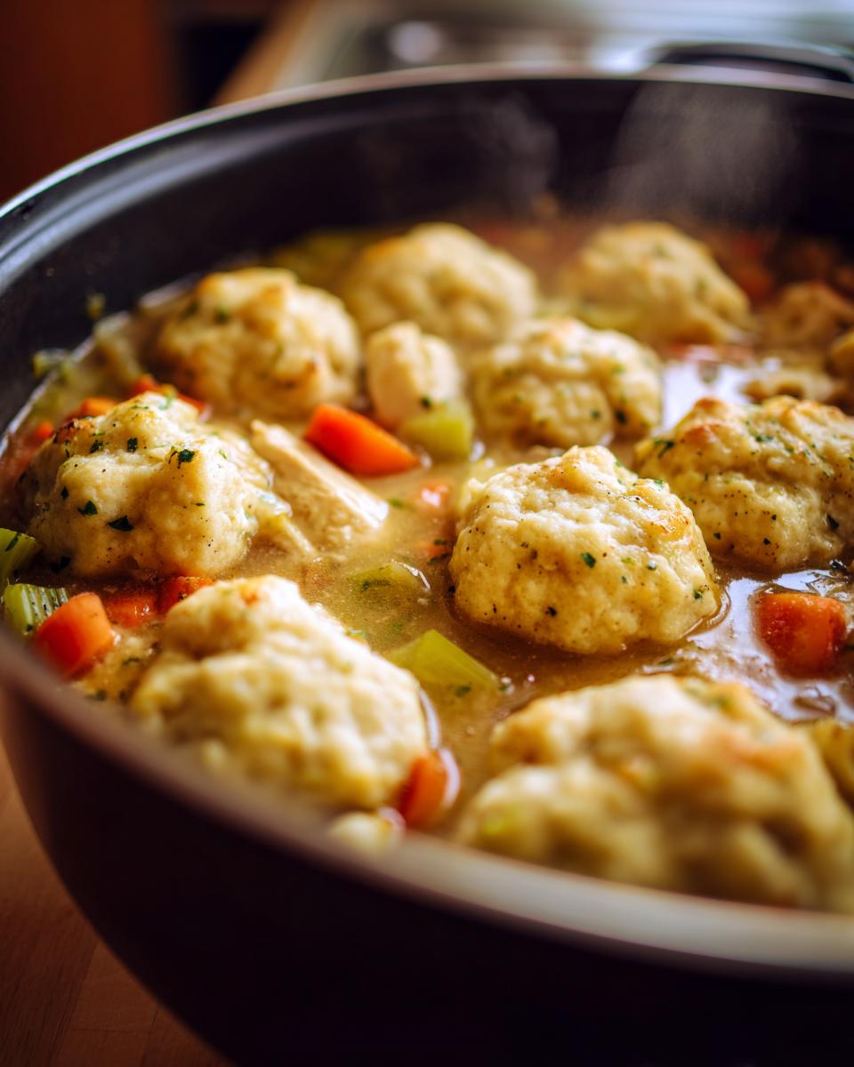 Close-up of steaming chicken and drop dumplings simmering in a rich broth with carrots and celery.
