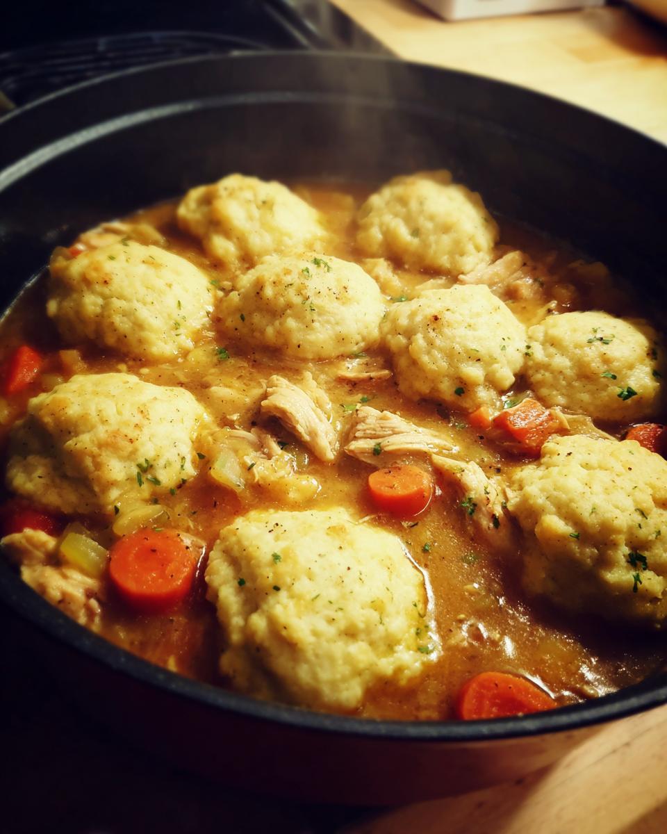 Close-up of steaming chicken and drop dumplings stewed with carrots and herbs in a dark pot.