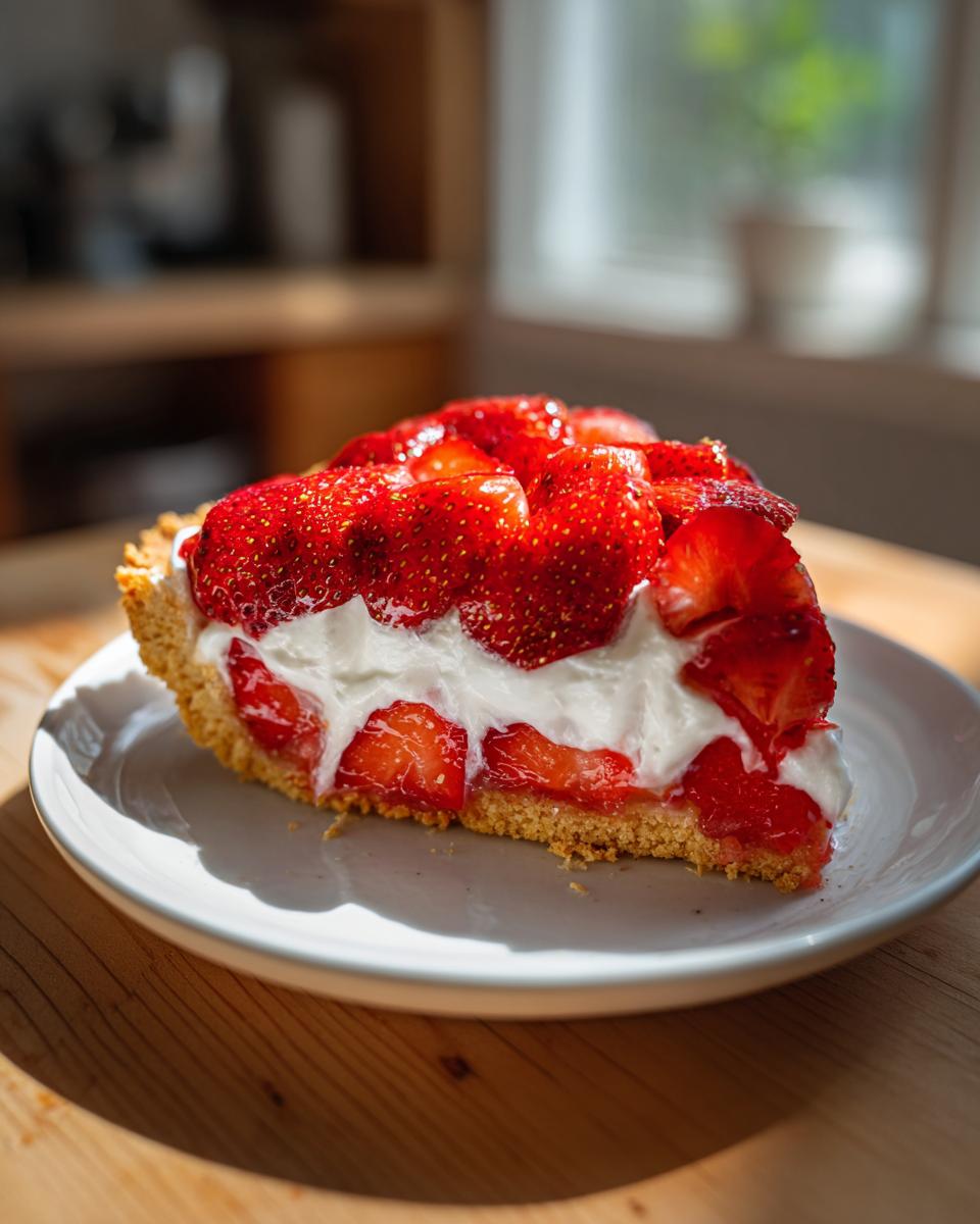 A generous slice of strawberry pizza dessert featuring a graham cracker crust, cream cheese filling, and fresh, glossy strawberries.