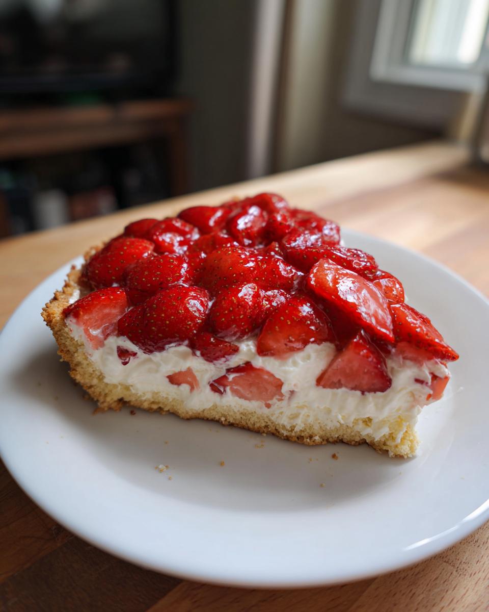 A generous slice of strawberry pizza featuring a crust, thick cream layer, and glossy, glazed strawberries on top.