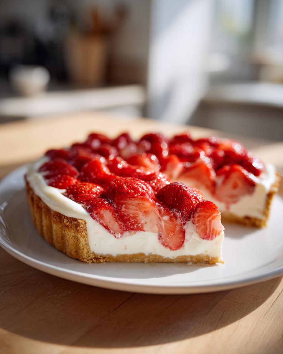 A close-up of a slice of strawberry pizza dessert showing a graham cracker crust, cream cheese layer, and fresh sliced strawberries on top.