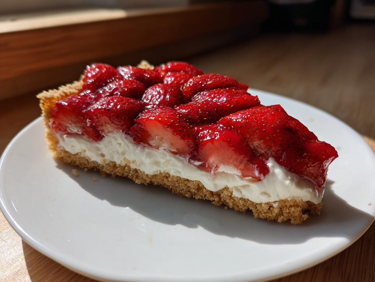 A close-up slice of strawberry pizza featuring a graham cracker crust, thick cream layer, and glazed fresh strawberries.