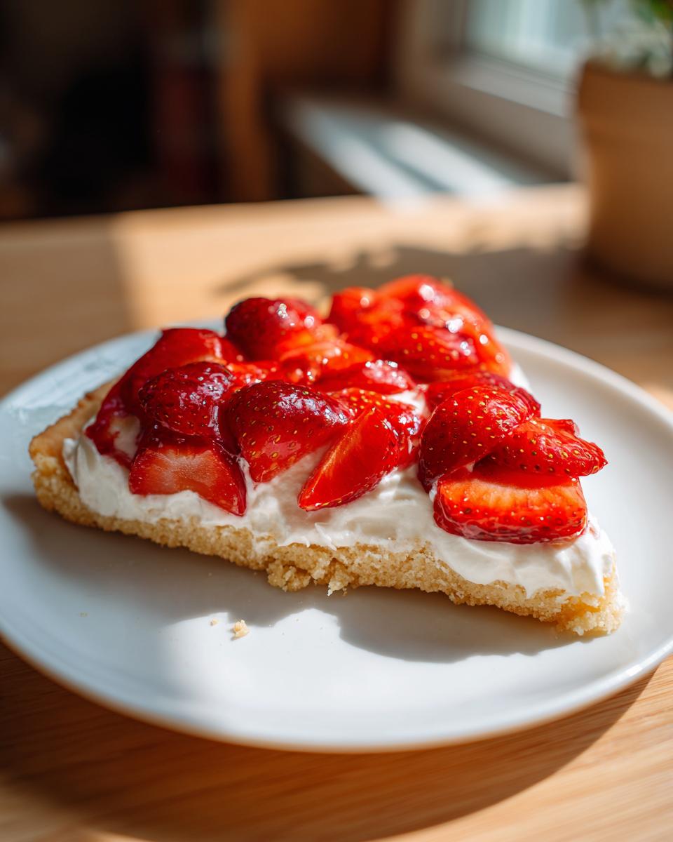 A close-up of a slice of strawberry pizza on a white plate, featuring a thick crust, cream cheese layer, and glazed fresh strawberries.