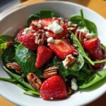 Close-up of a vibrant Strawberry spinach salad featuring fresh spinach, sliced strawberries, pecans, and crumbled feta cheese.