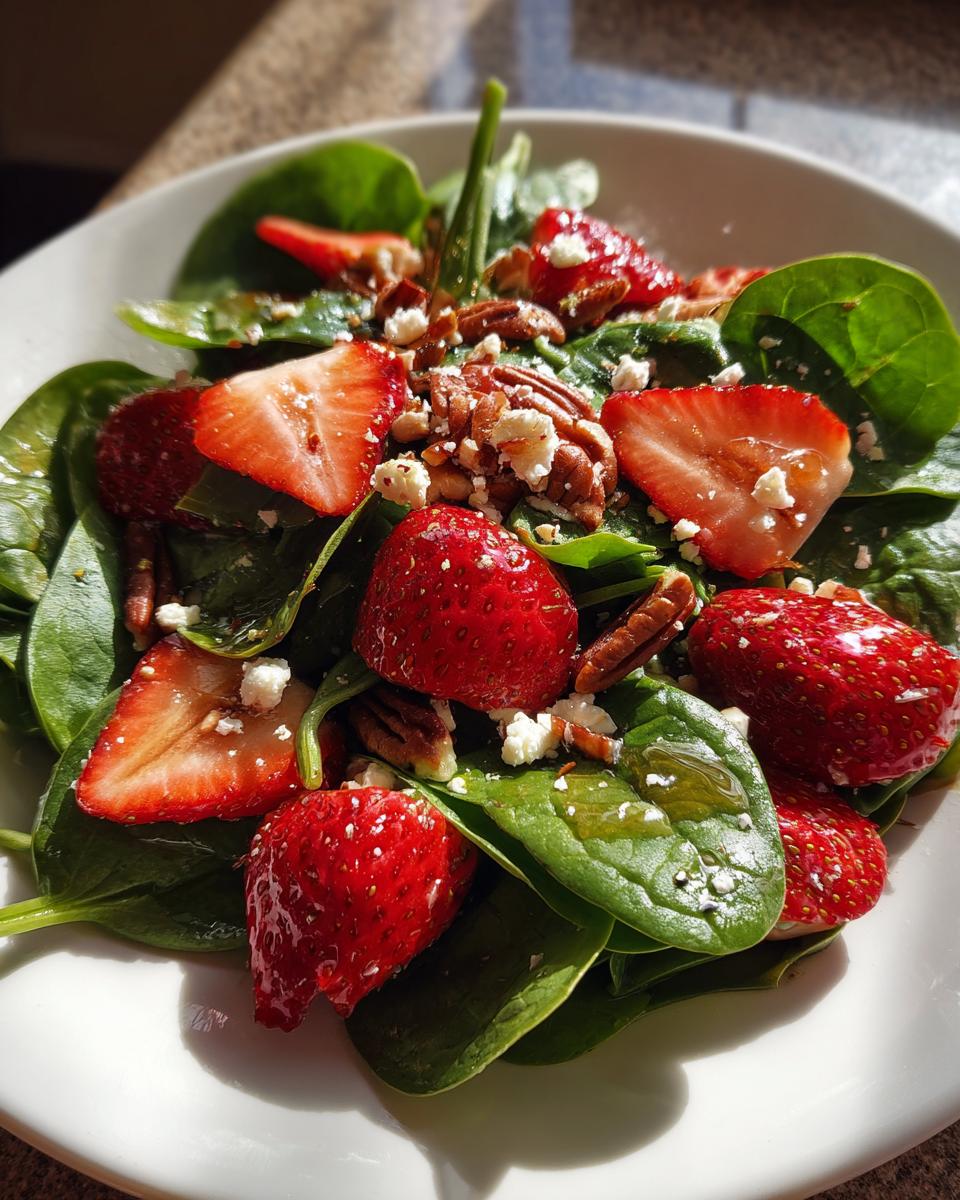 Close-up of a vibrant Strawberry spinach salad featuring fresh spinach leaves, sliced strawberries, pecans, and crumbled feta cheese.