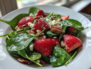 A vibrant close-up of a Strawberry spinach salad featuring fresh strawberries, crumbled feta cheese, pecans, and a light vinaigrette dressing.
