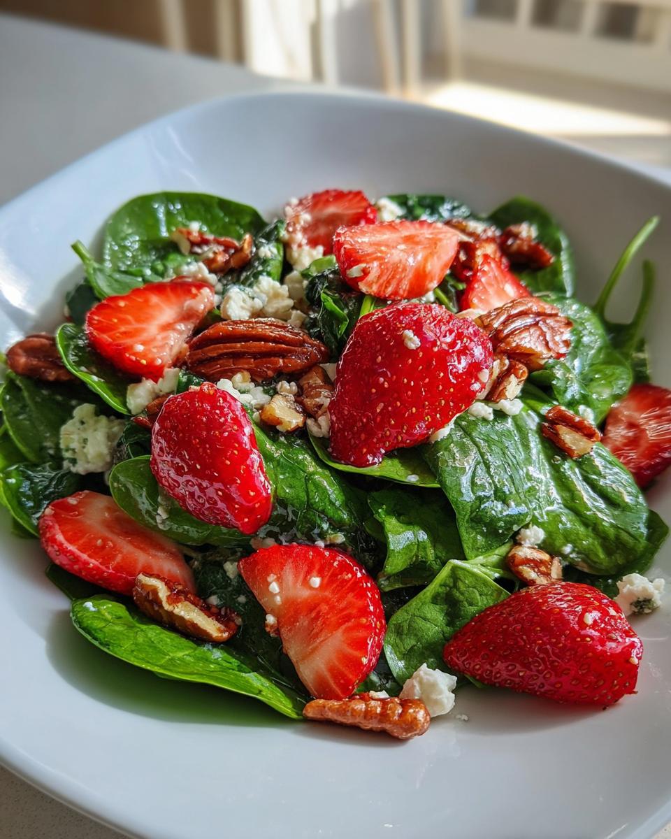 Close-up of a fresh Strawberry spinach salad featuring bright red strawberries, green spinach leaves, pecans, and crumbles of cheese.